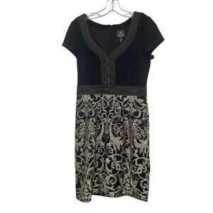 Adrianna Pappell Black/Gold Sheath Dress Embroidered Short Sleeve Size 6